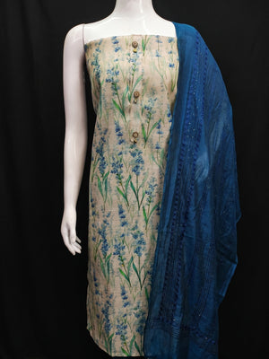 Beige Floral Printed Cotton Silk Dress Material - Image 1