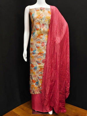 Beige Floral Printed Cotton Silk Dress Material - Image 1