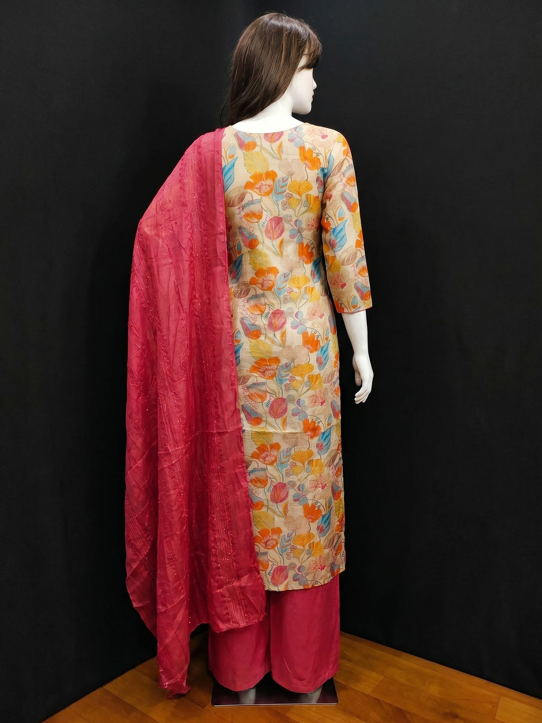 Beige Floral Printed Cotton Silk Dress Material - Image 2