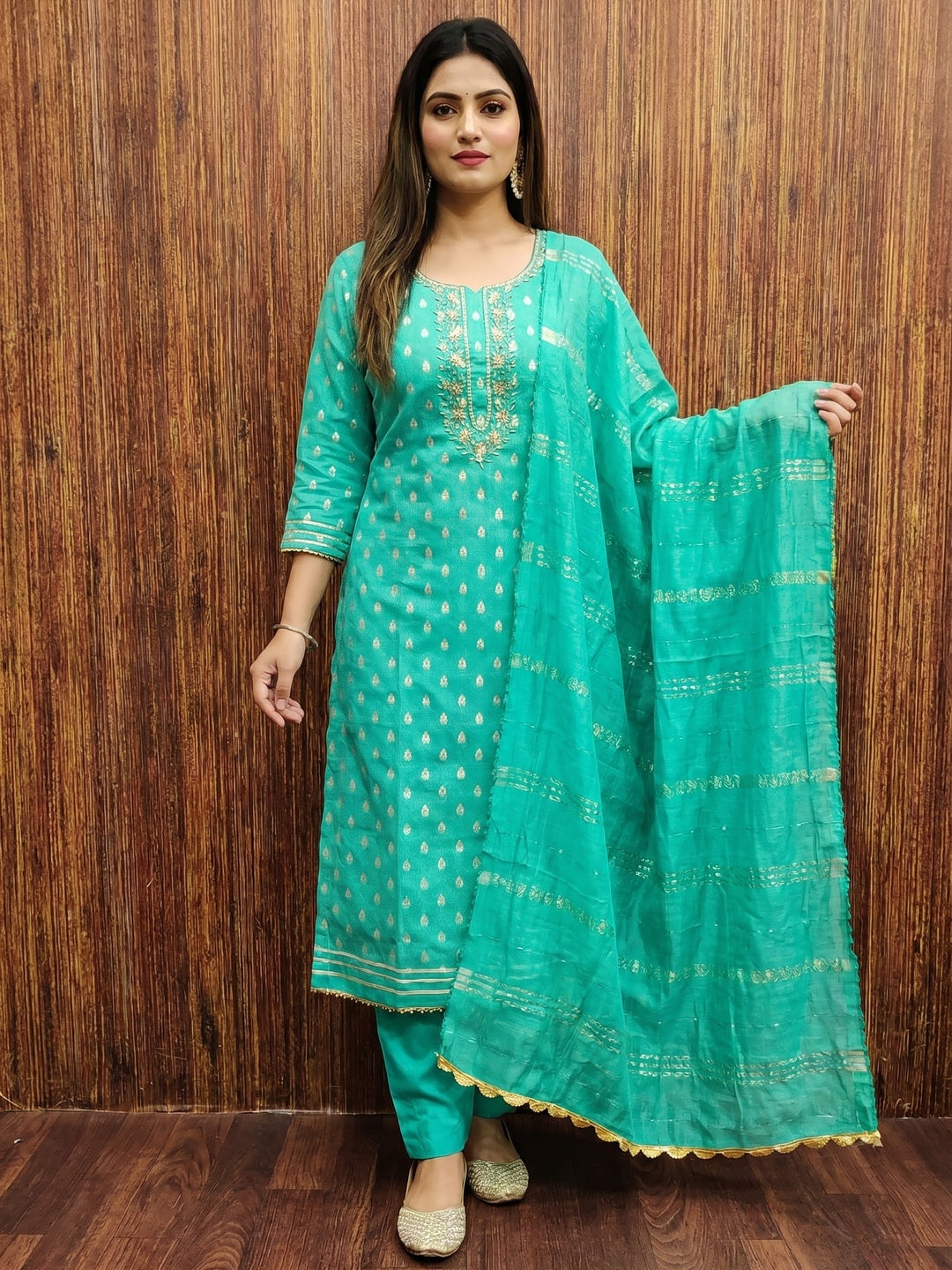 Turquoise Woven With Handwork Jacquard Dress Material - Image 2