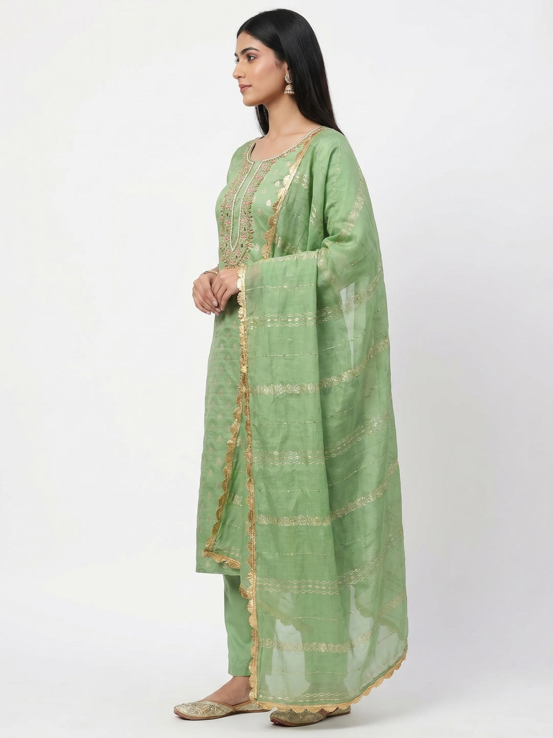 Green Woven With Handwork Jacquard Dress Material - Image 3