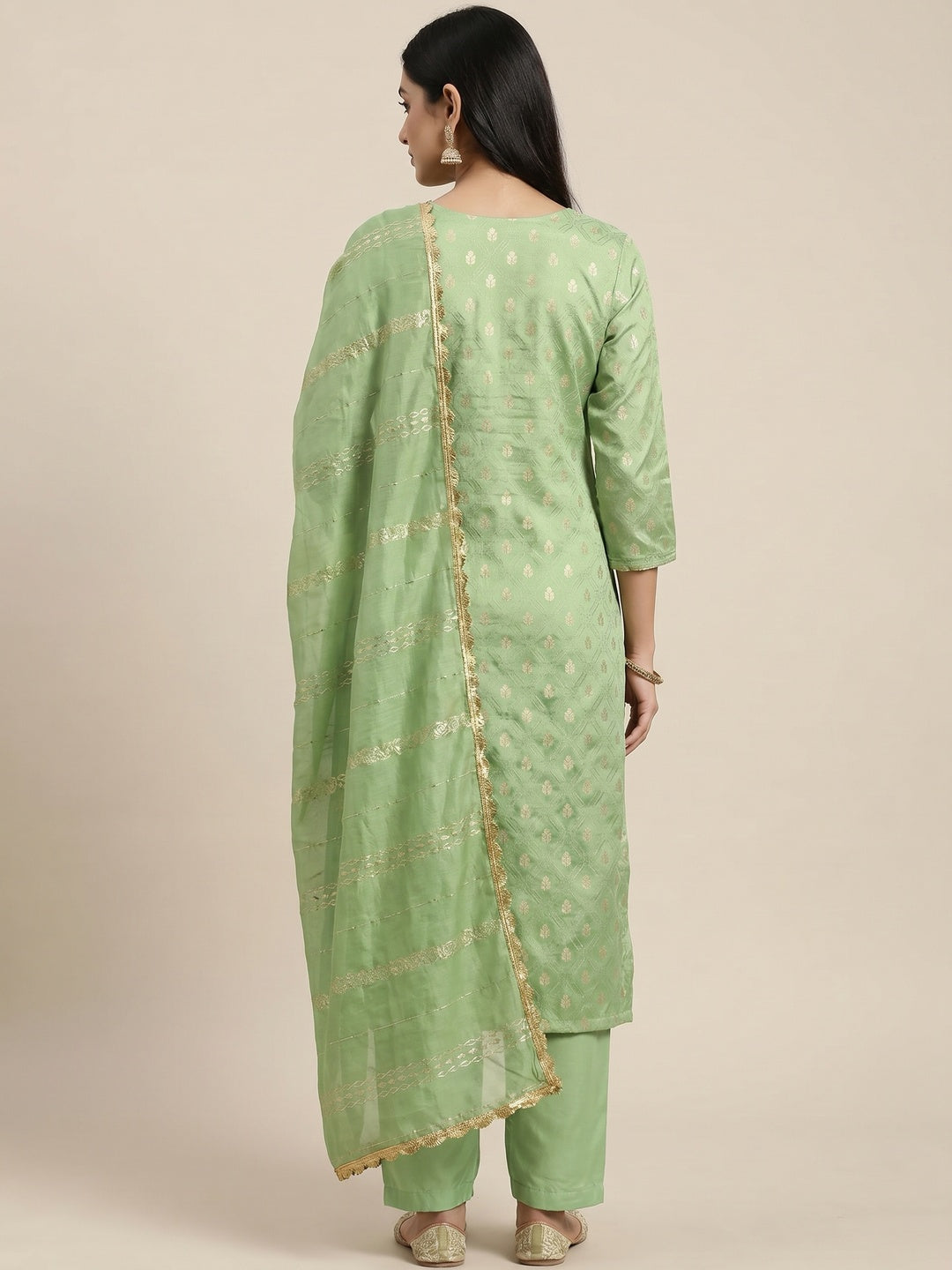 Green Woven With Handwork Jacquard Dress Material - Image 2