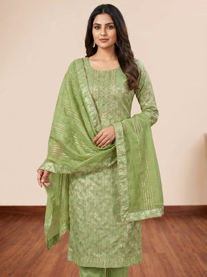 Green Woven With Handwork Jacquard Dress Material - Image 3