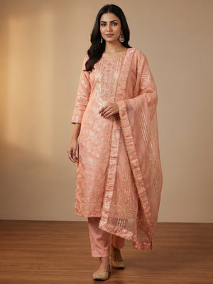 Peach Woven With Handwork Jacquard Dress Material - Image 1