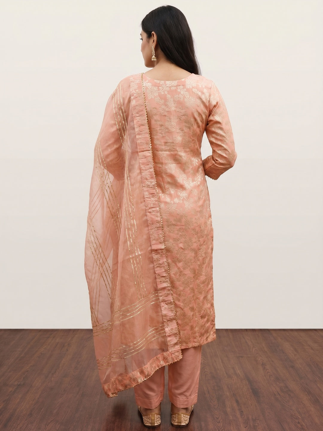 Peach Woven With Handwork Jacquard Dress Material - Image 2