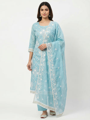 Blue Floral Embroidered Chanderi Cotton Dress Material - Image 1