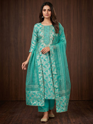 Turquoise Woven With Handwork Jacquard Dress Material - Image 1