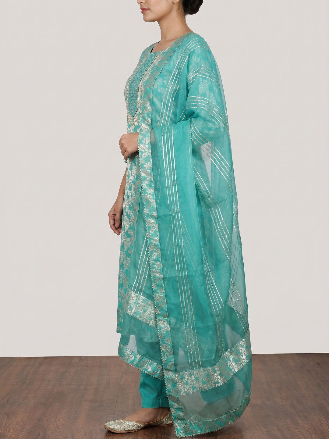 Turquoise Woven With Handwork Jacquard Dress Material - Image 3