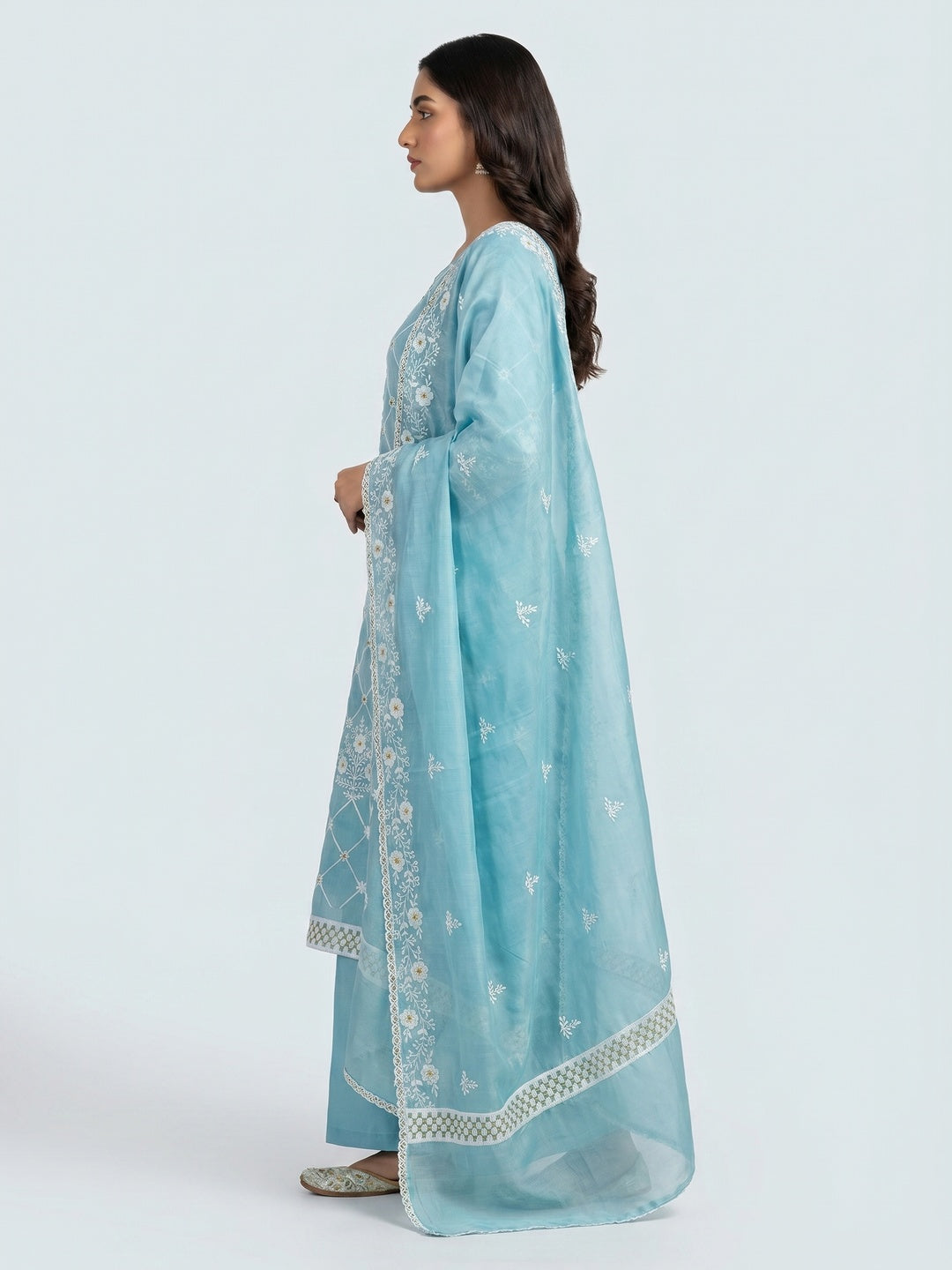 Blue Floral Embroidered Chanderi Cotton Dress Material - Image 2