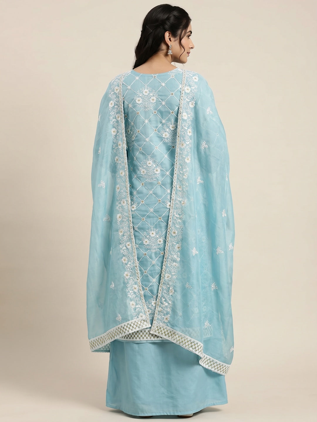 Blue Floral Embroidered Chanderi Cotton Dress Material - Image 3