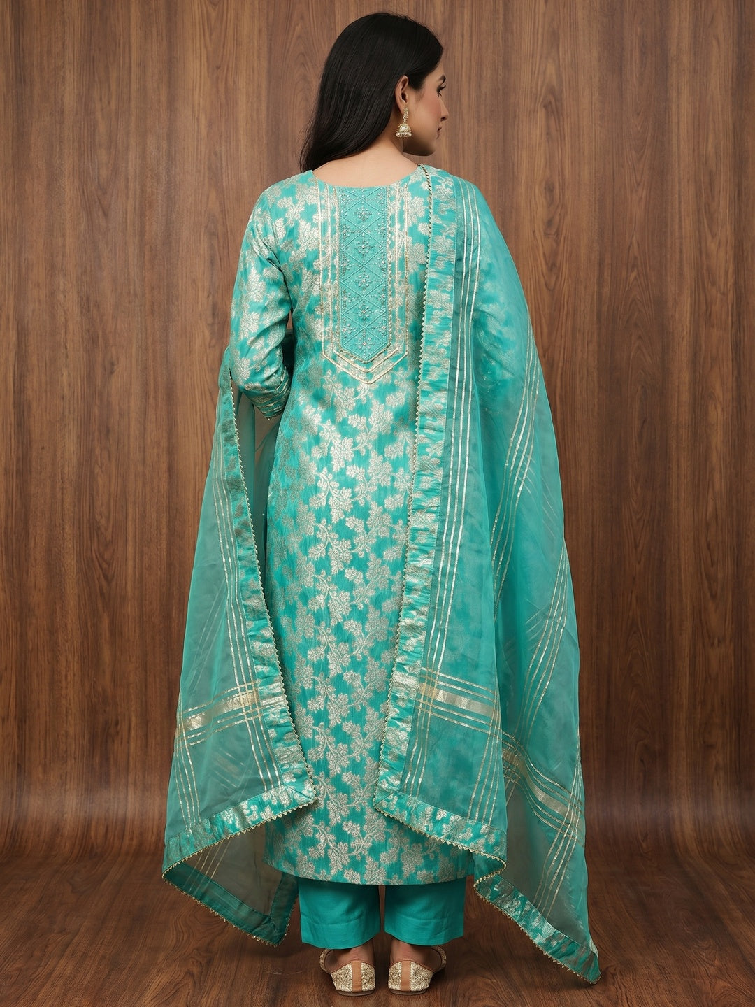 Turquoise Woven With Handwork Jacquard Dress Material - Image 2