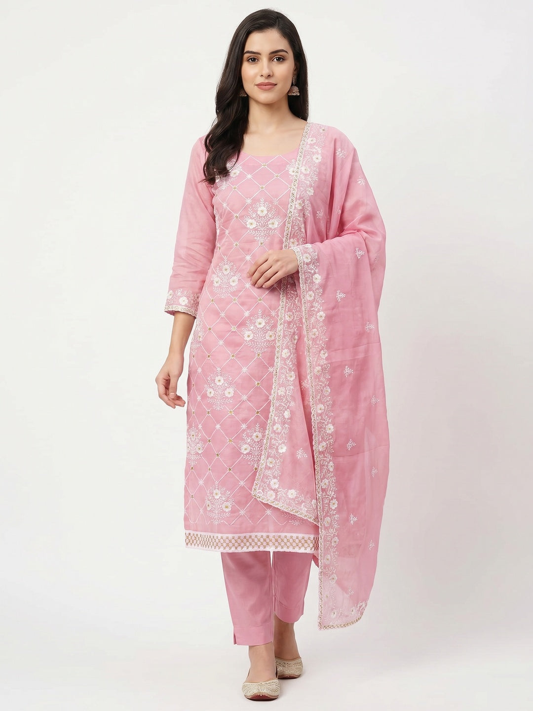Pink Floral Embroidered Chanderi Cotton Dress Material - Image 1