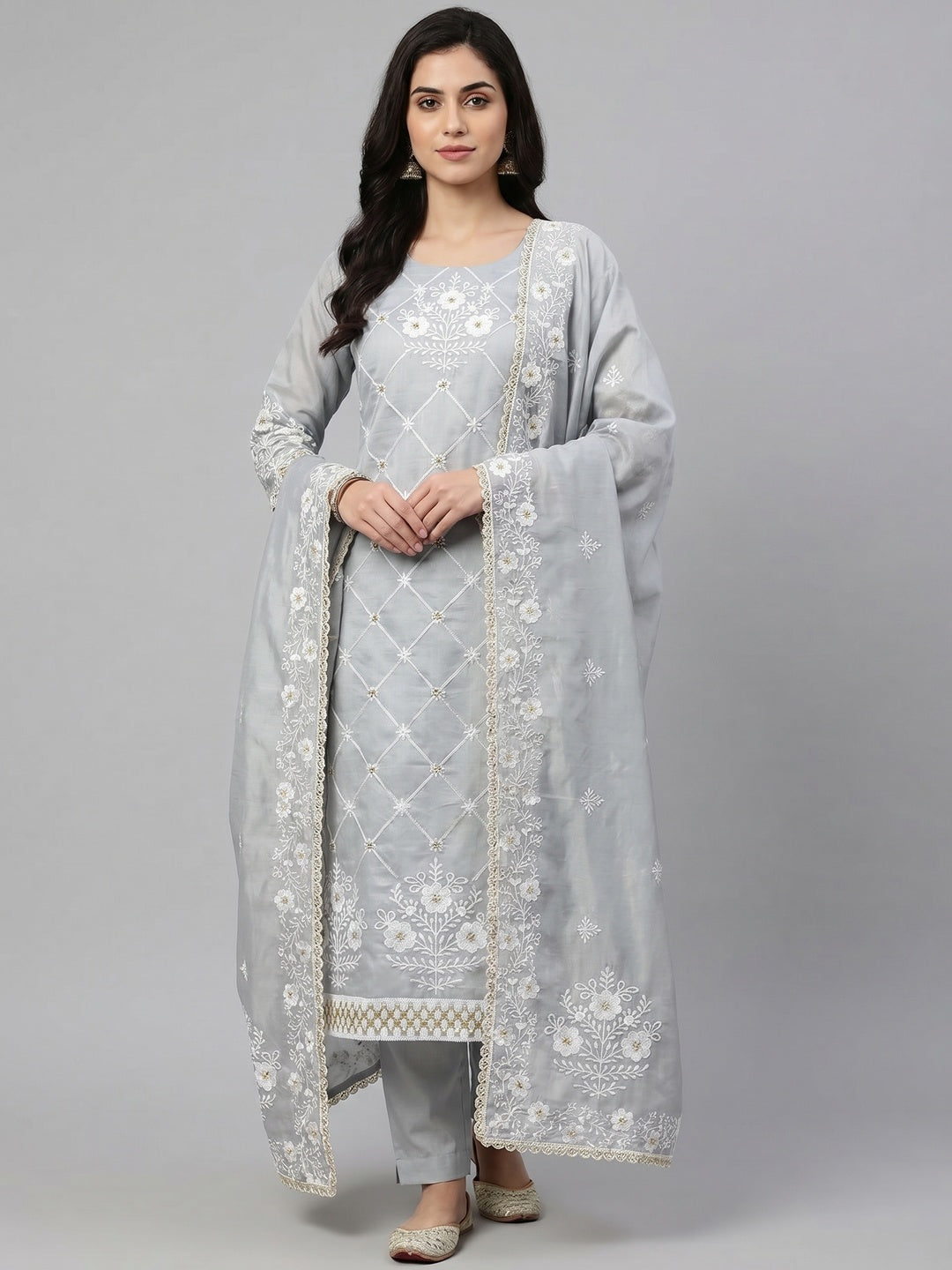 Grey Floral Embroidered Chanderi Cotton Dress Material - Image 1