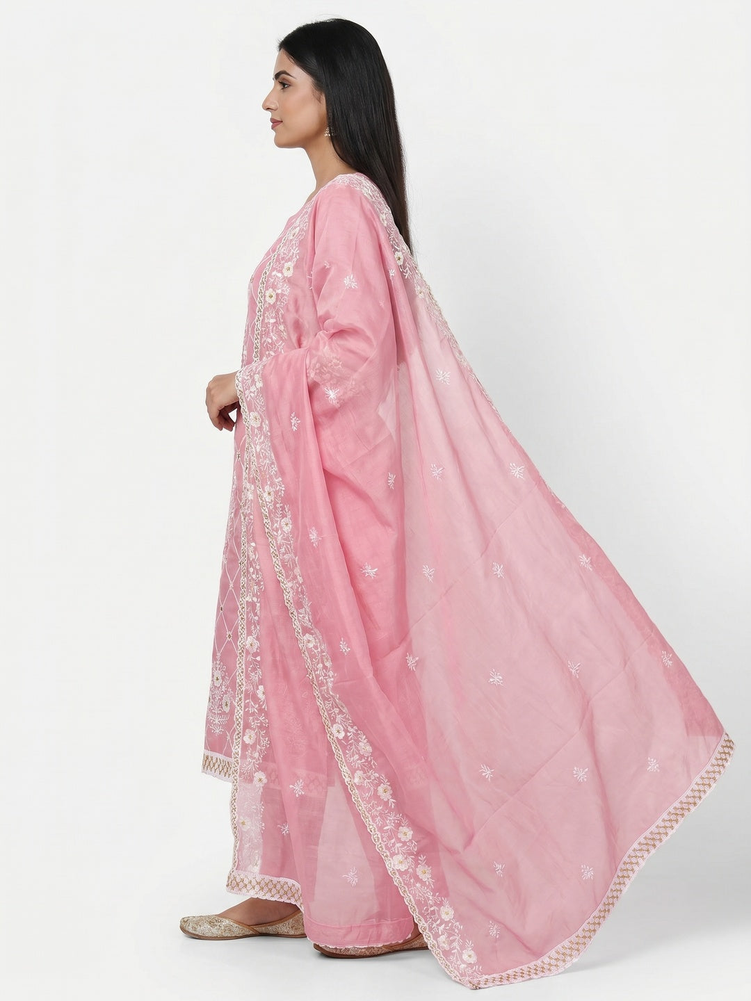 Pink Floral Embroidered Chanderi Cotton Dress Material - Image 2