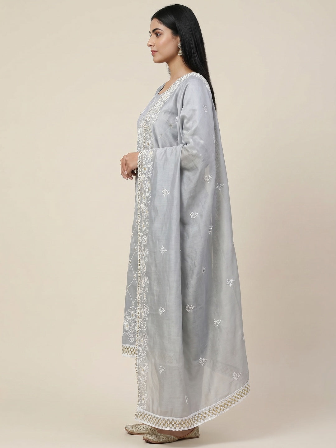 Grey Floral Embroidered Chanderi Cotton Dress Material - Image 2