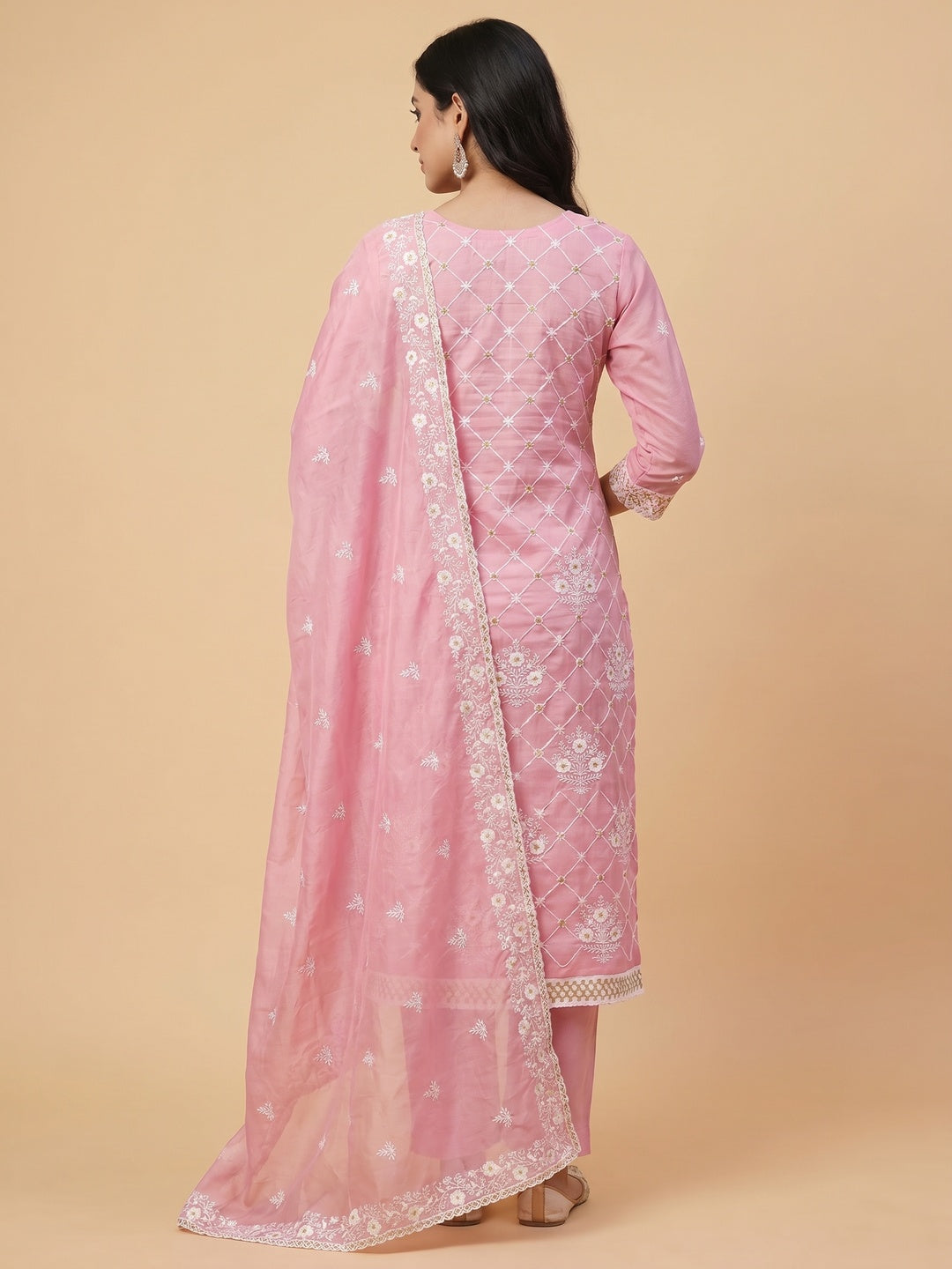 Pink Floral Embroidered Chanderi Cotton Dress Material - Image 3
