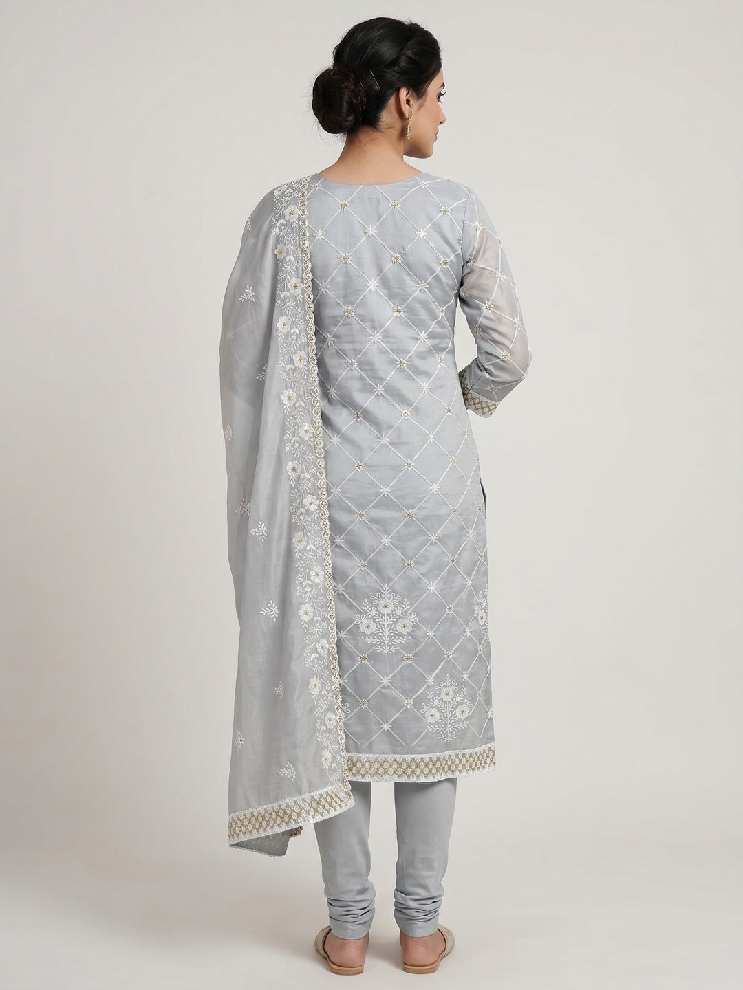 Grey Floral Embroidered Chanderi Cotton Dress Material - Image 3