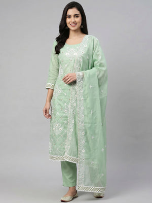 Green Floral Embroidered Chanderi Cotton Dress Material - Image 1