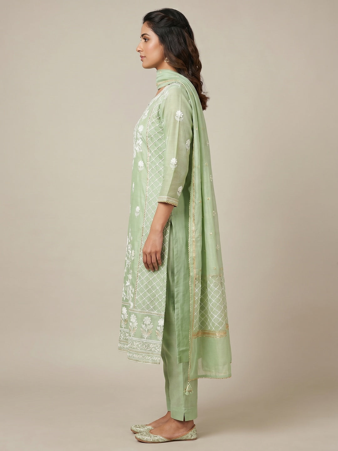 Green Floral Embroidered Chanderi Cotton Dress Material - Image 3