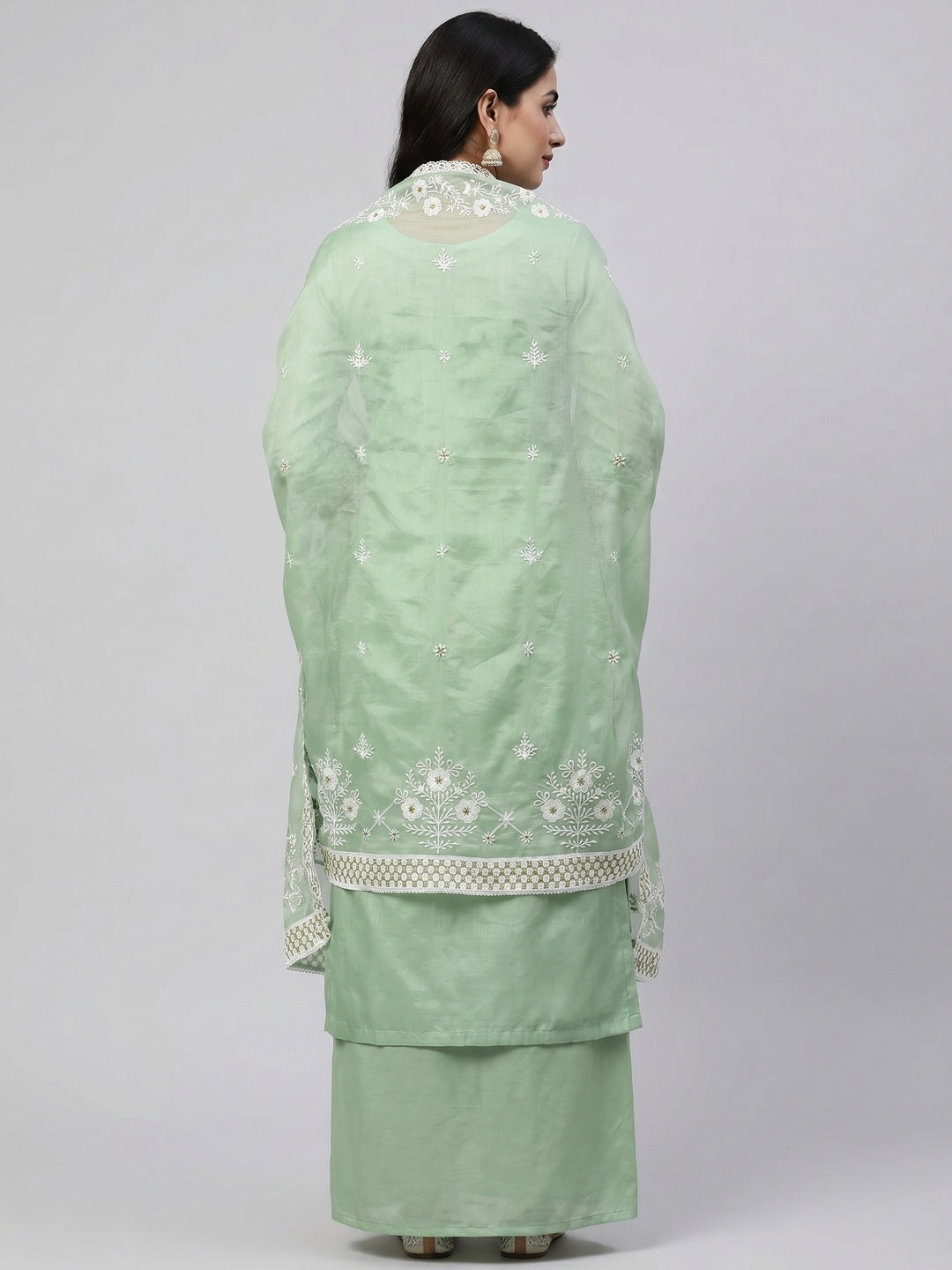 Green Floral Embroidered Chanderi Cotton Dress Material - Image 2