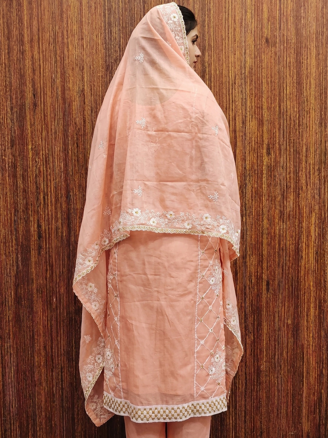 Peach Floral Embroidered Chanderi Cotton Dress Material - Image 3