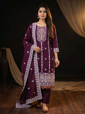Purple Floral Embroidered Chanderi Cotton Dress Material - Image 1