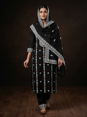 Black Floral Embroidered Chanderi Cotton Dress Material - Image 1