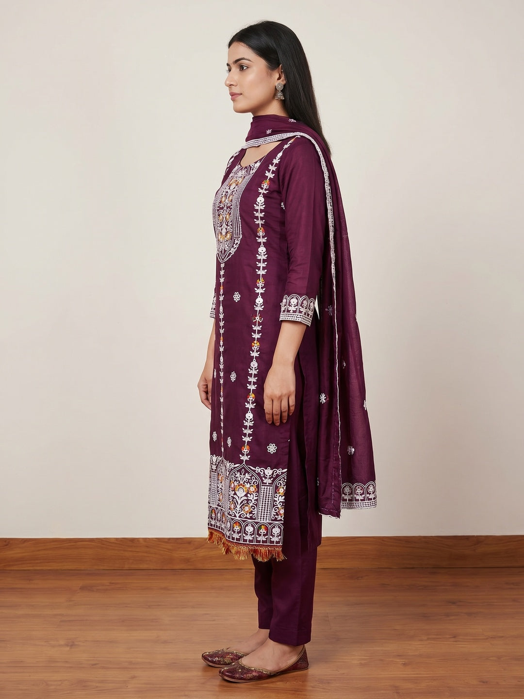 Purple Floral Embroidered Chanderi Cotton Dress Material - Image 2