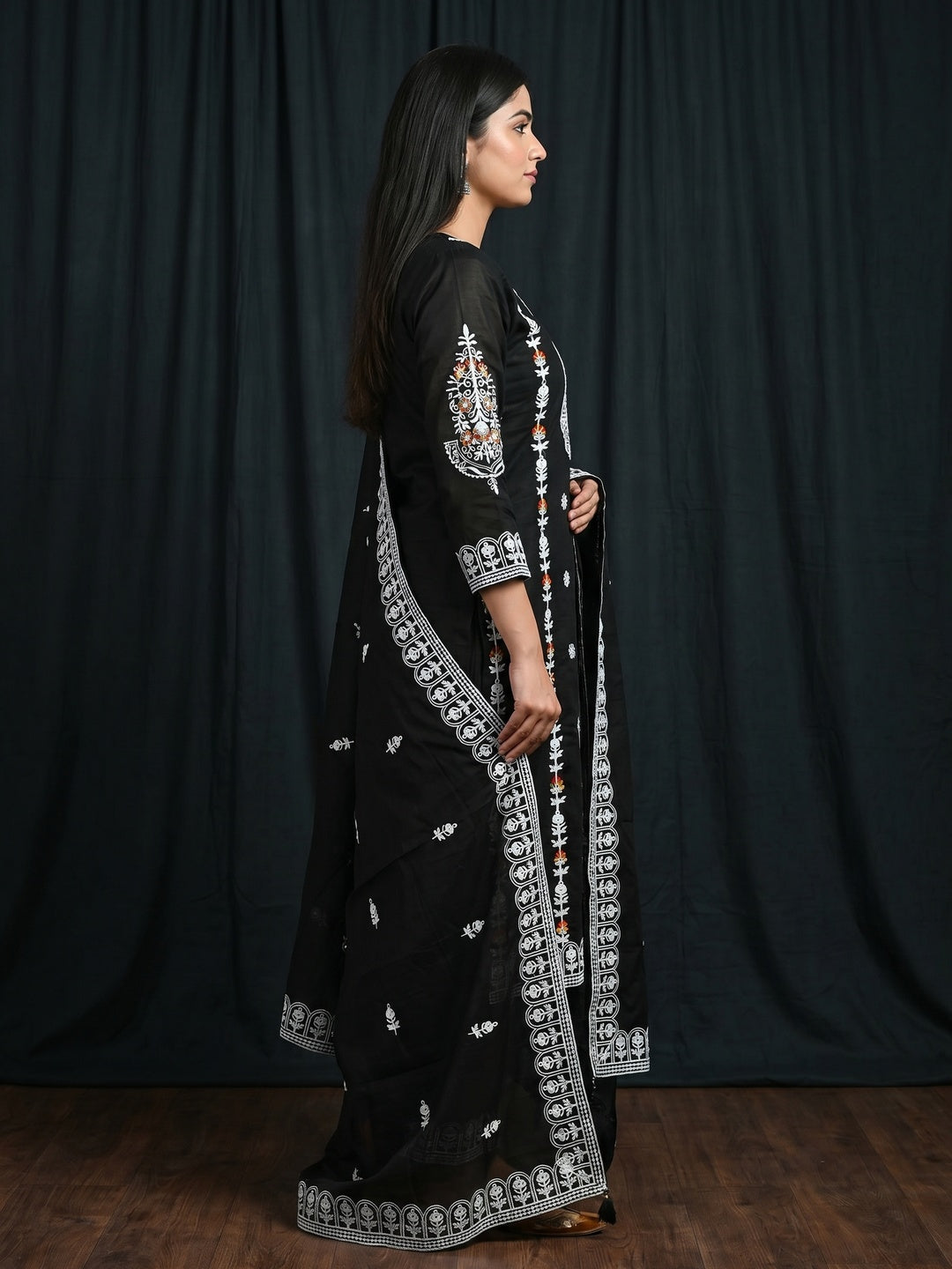 Black Floral Embroidered Chanderi Cotton Dress Material - Image 2