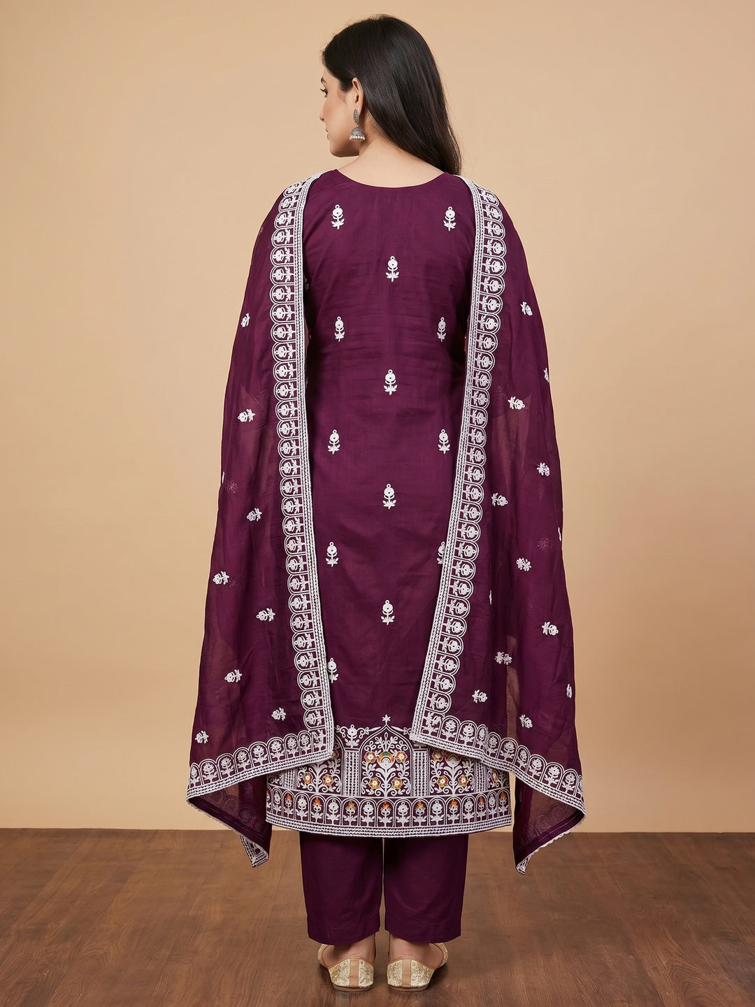 Purple Floral Embroidered Chanderi Cotton Dress Material - Image 3