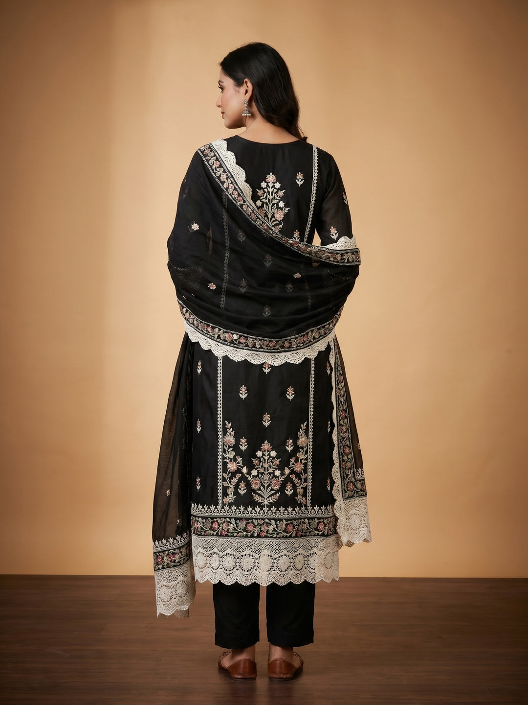 Black Floral Embroidered Chanderi Cotton Dress Material - Image 3