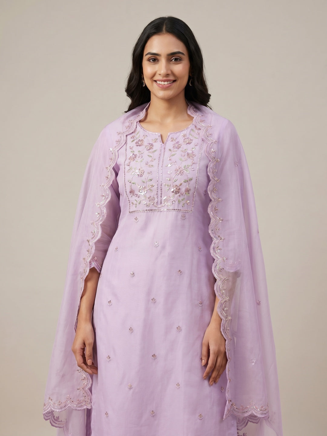 Light Lavendar Floral Sequins Embroidered Organza Dress Material - Image 1