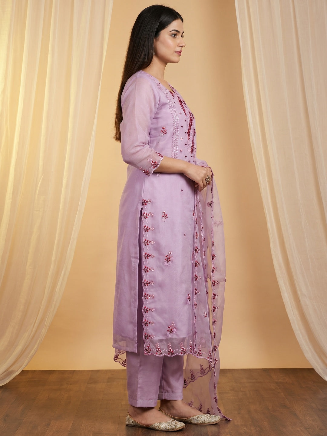 Light Lavendar Floral Sequins Embroidered Organza Dress Material - Image 2