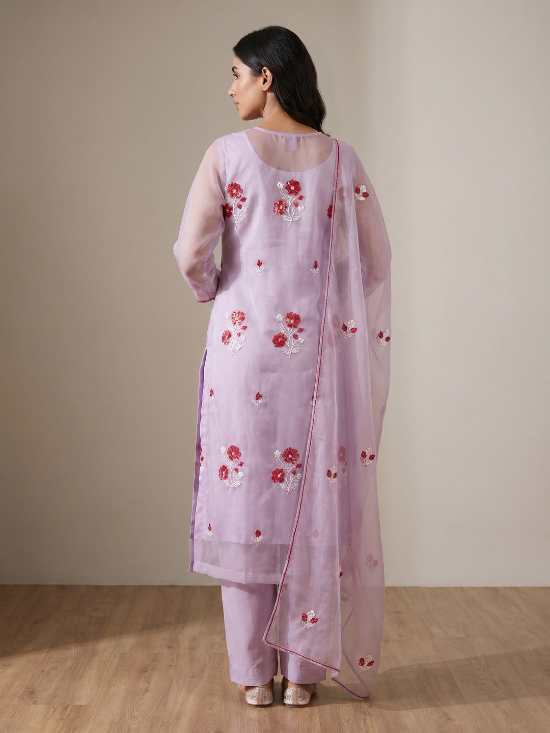 Light Lavendar Floral Sequins Embroidered Organza Dress Material - Image 3