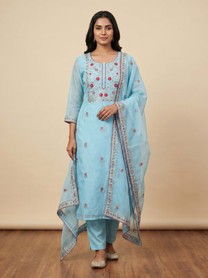 Sky Blue Floral Sequins Embroidered Organza Dress Material - Image 1