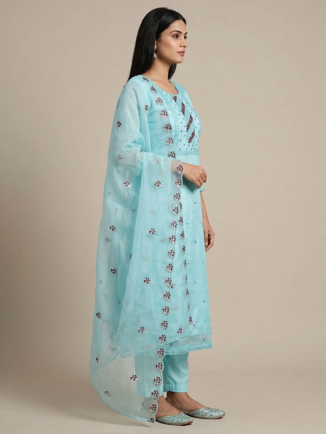 Sky Blue Floral Sequins Embroidered Organza Dress Material - Image 3
