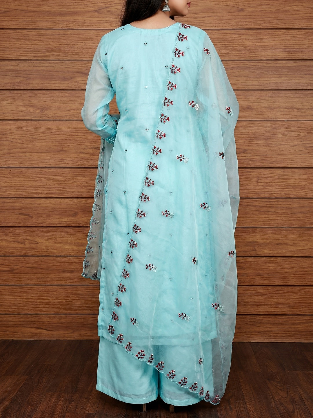Sky Blue Floral Sequins Embroidered Organza Dress Material - Image 2