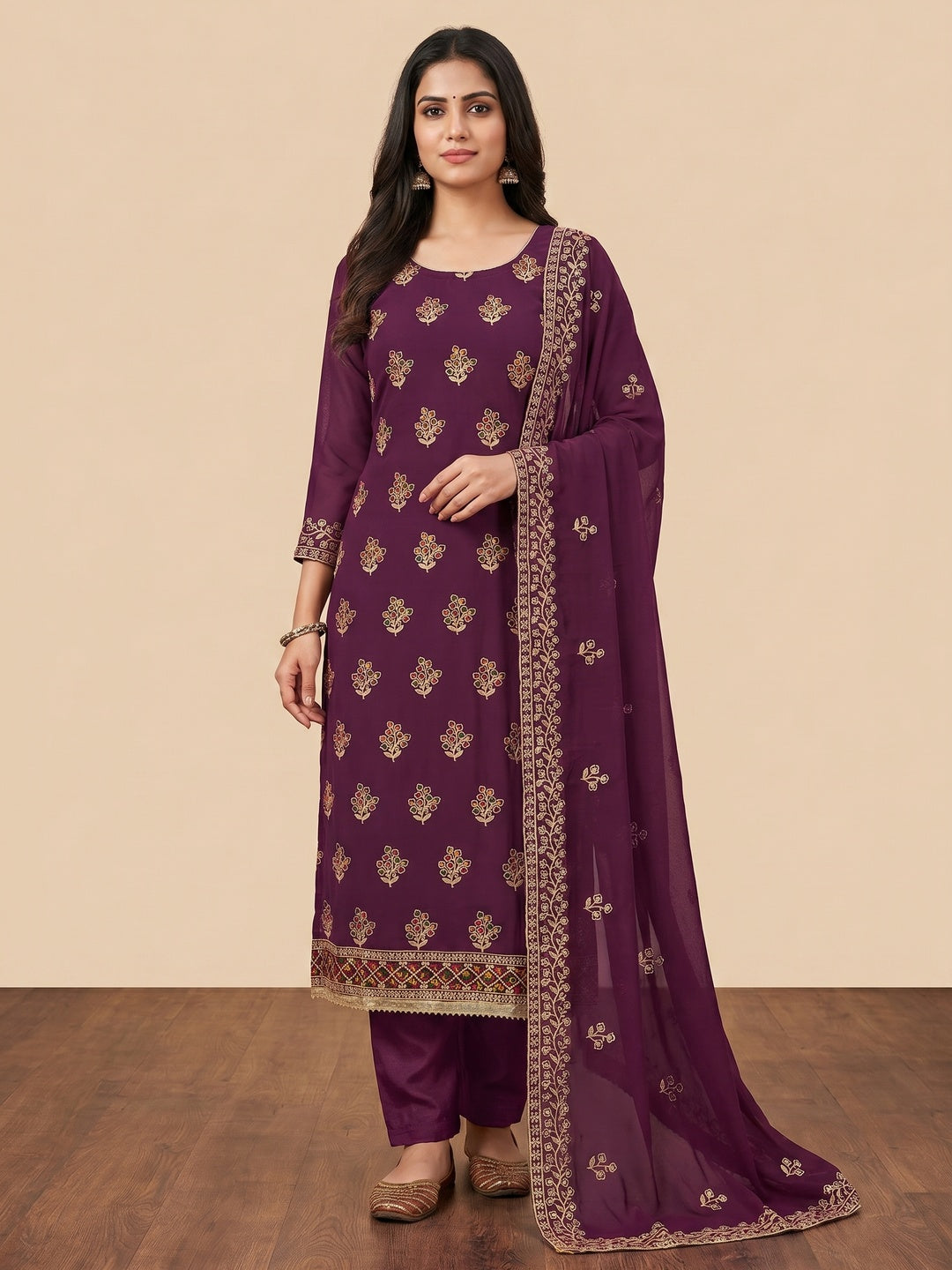 Purple Floral Embroidered Georgette Dress Material - Image 1