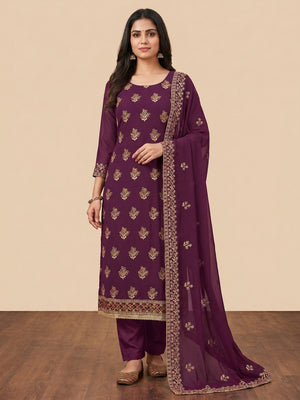 Purple Floral Embroidered Georgette Dress Material - Image 1
