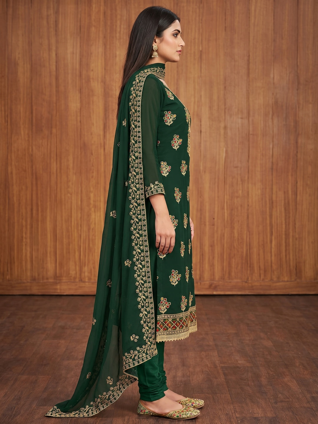 Green Floral Embroidered Georgette Dress Material - Image 2