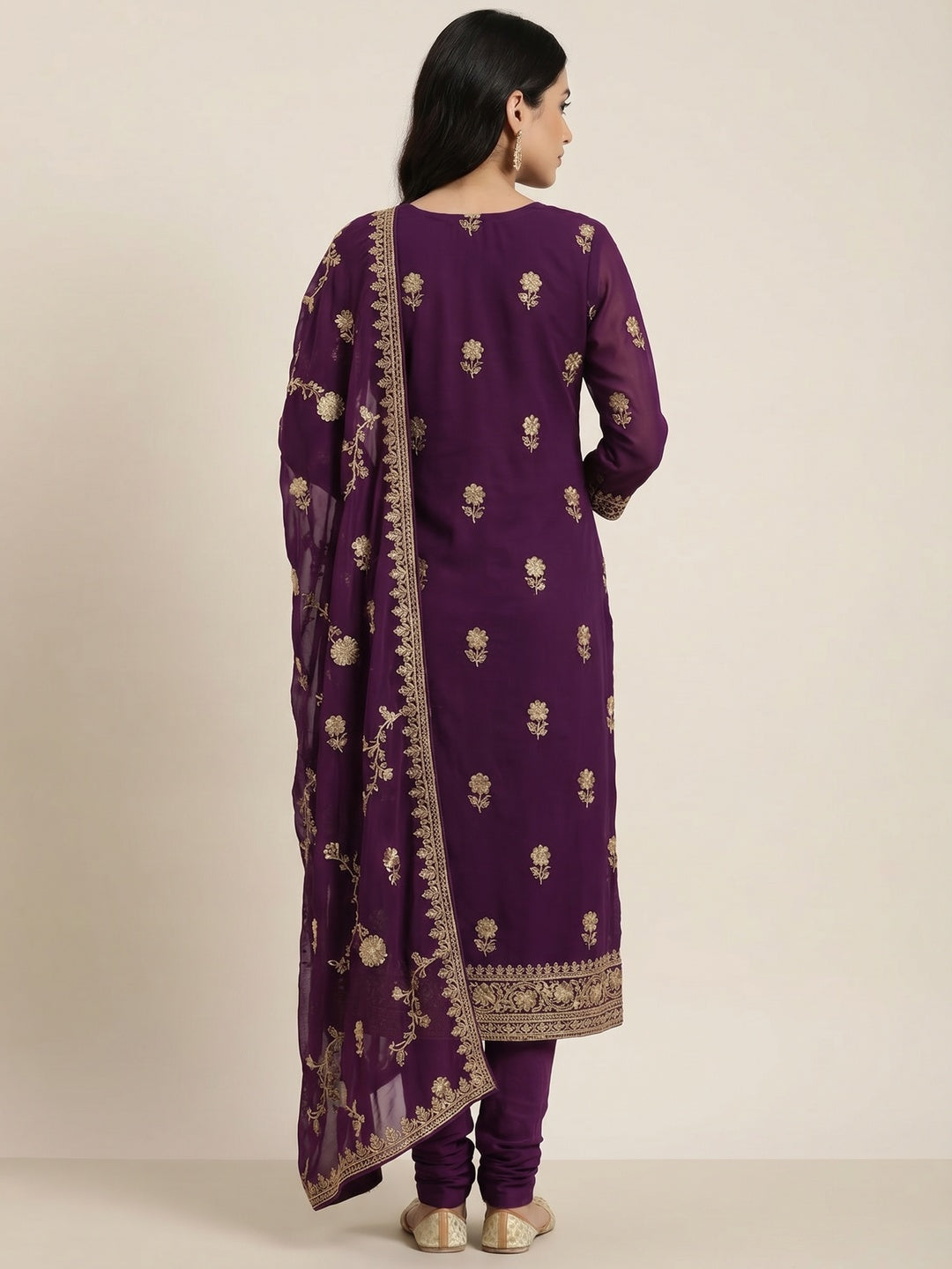 Purple Floral Embroidered Georgette Dress Material - Image 3