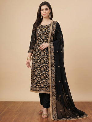 Black Floral Embroidered Georgette Dress Material - Image 1