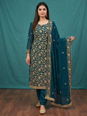 Teal Blue Floral Embroidered Georgette Dress Material - Image 1