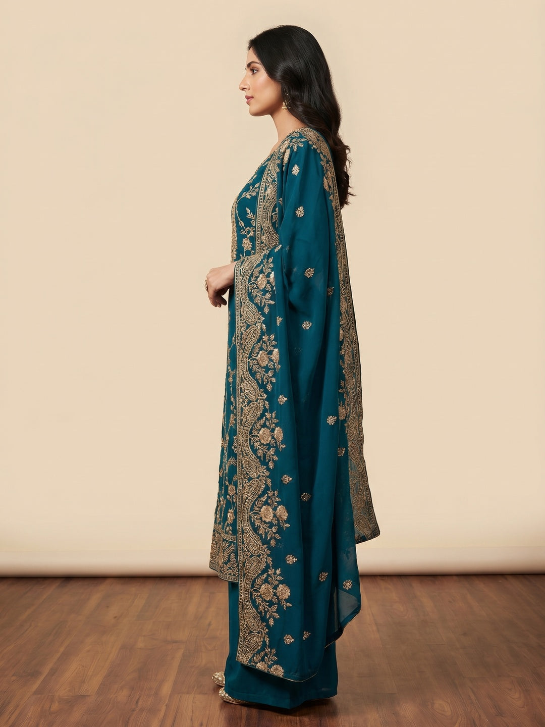 Teal Blue Floral Embroidered Georgette Dress Material - Image 2