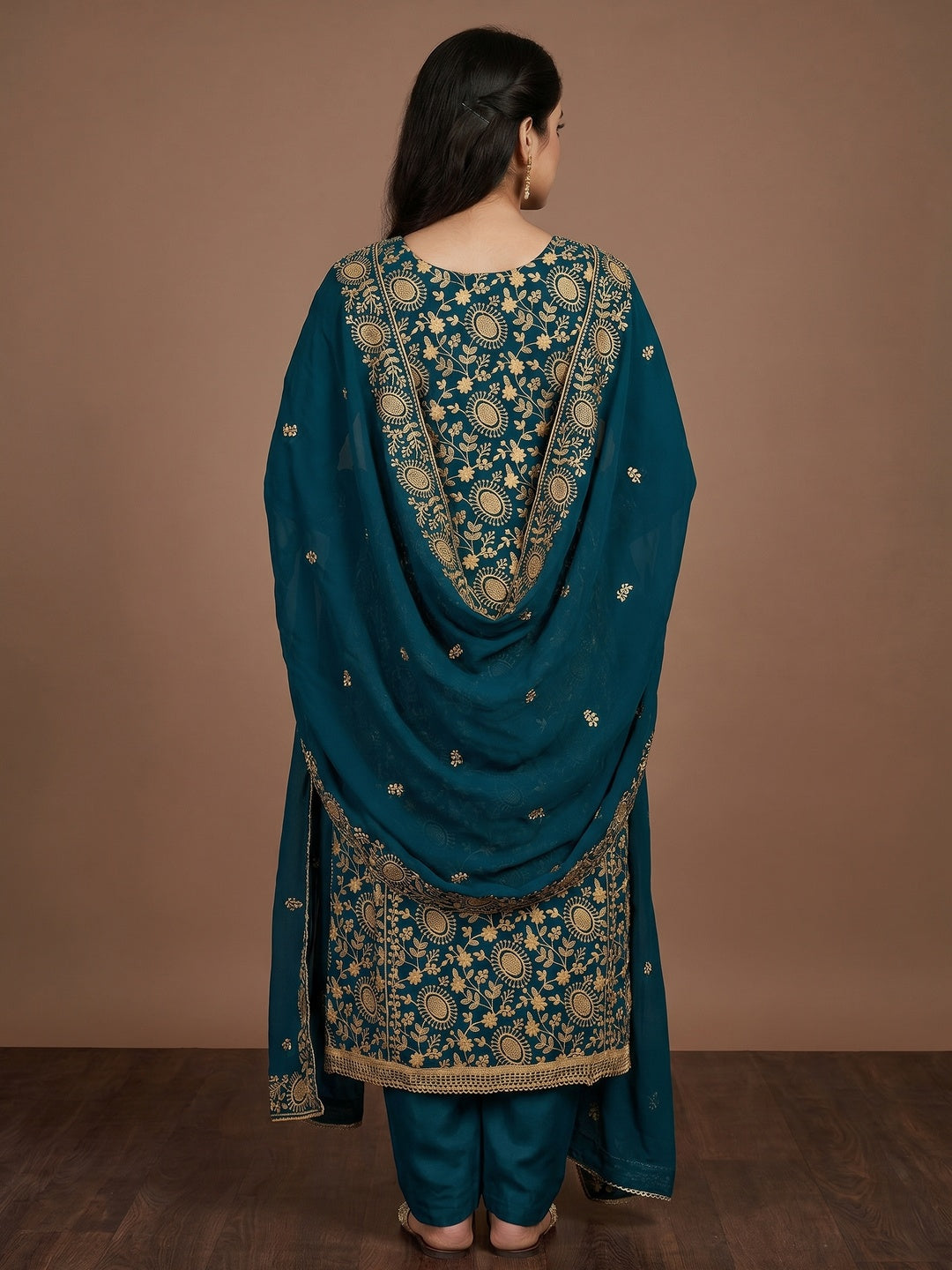 Teal Blue Floral Embroidered Georgette Dress Material - Image 3