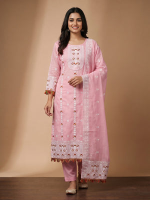 Baby Pink Floral Embroidered Chanderi Cotton Dress Material - Image 1