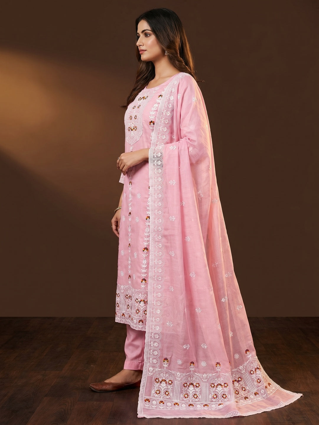 Baby Pink Floral Embroidered Chanderi Cotton Dress Material - Image 3