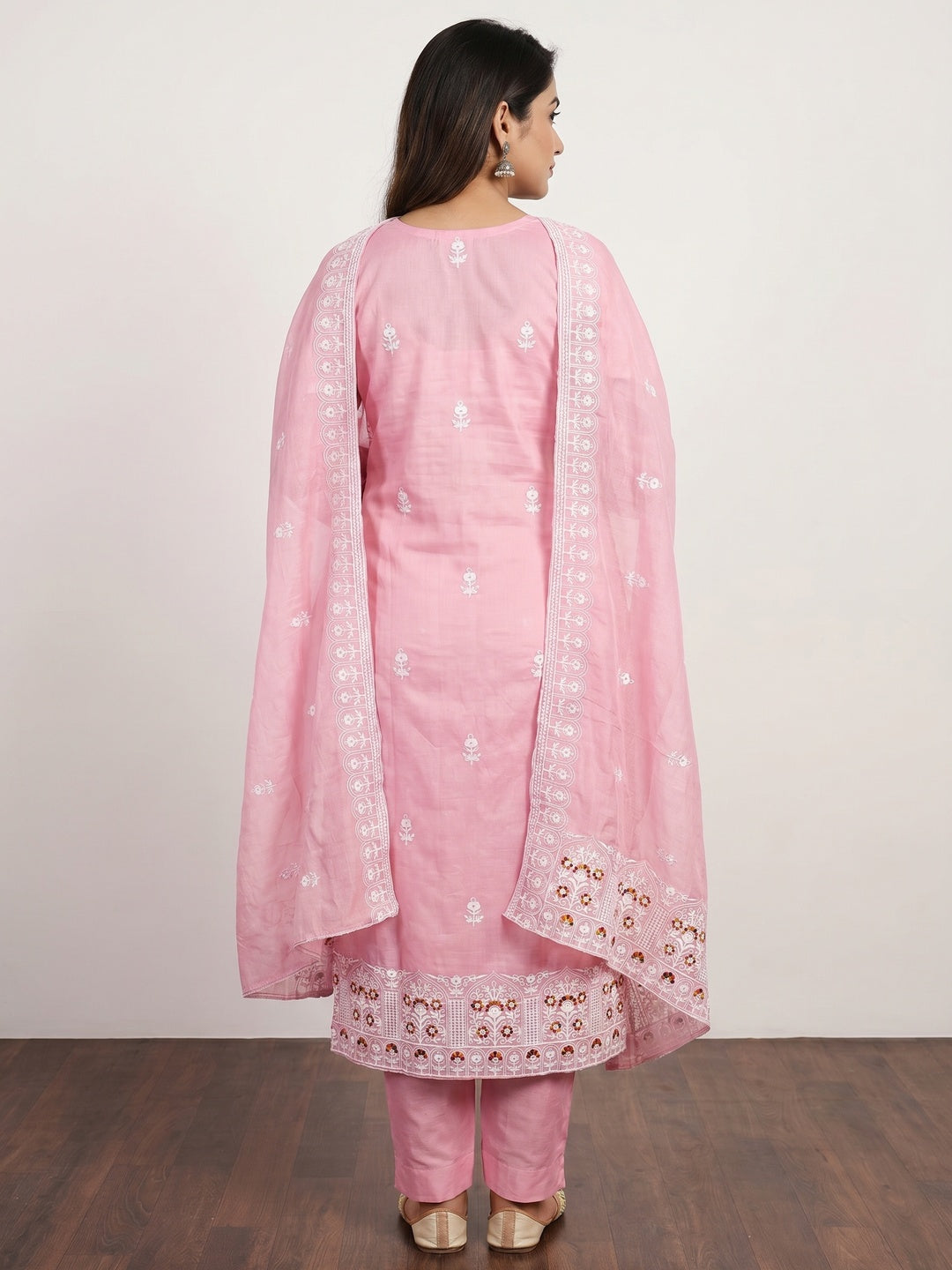 Baby Pink Floral Embroidered Chanderi Cotton Dress Material - Image 2