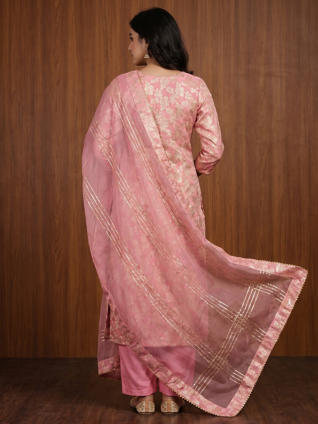 Pink Woven With Handwork Jacquard Dress Material - Image 2
