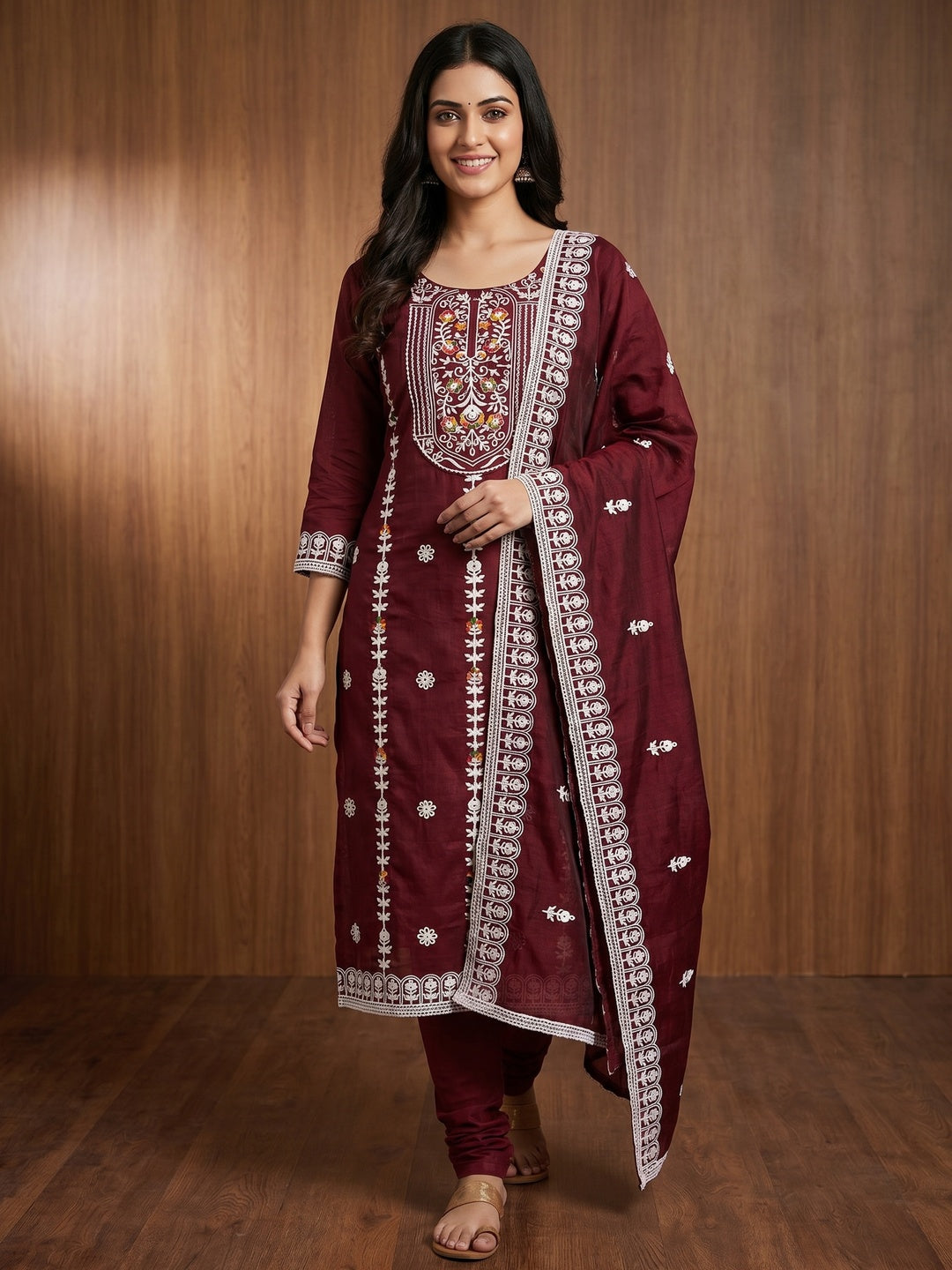 Maroon Floral Embroidered Chanderi Cotton Dress Material - Image 1
